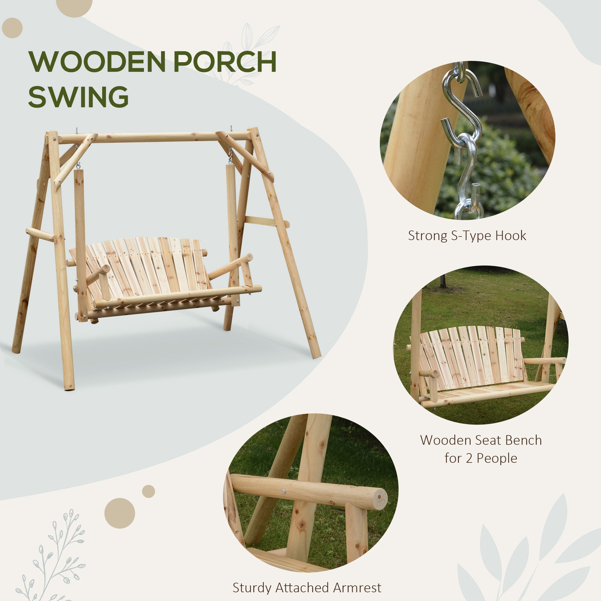 Outsunny 6.5ft Outdoor Loveseat, Wood Porch Swing for 2 Person, Freestanding Garden Swing, Comfortable Seating 