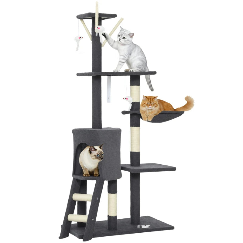 53" Cat Tree Tower, Kitten Activity Centre with Scratching Posts, Condo, Perches, Ladder, Hammock, Dangling Toys, Dark Grey