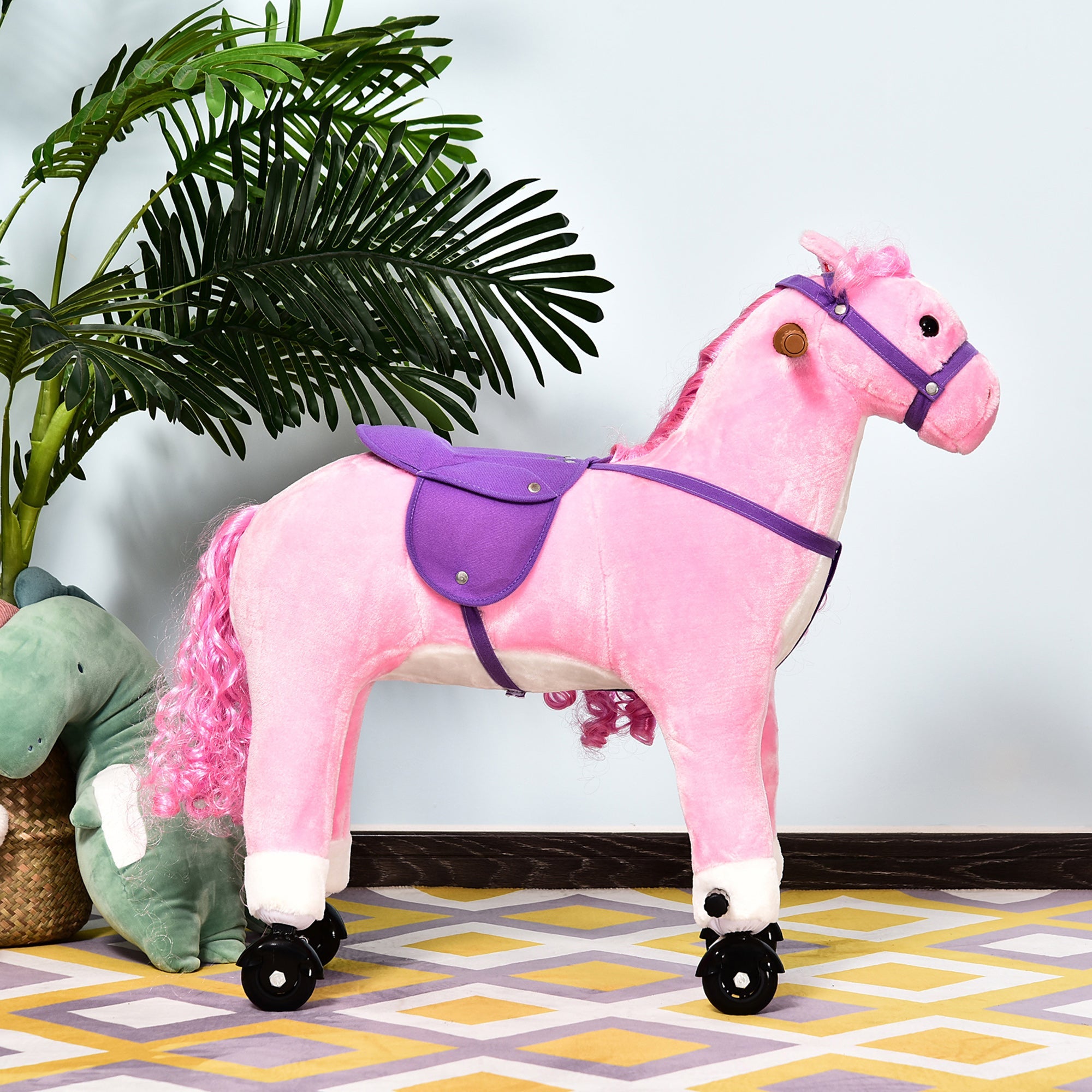 Qaba Pink Plush Pony Ride-On Toy for Kids - Rocking Horse with Neigh Sound & Wheels, 110lb Weight Limit 