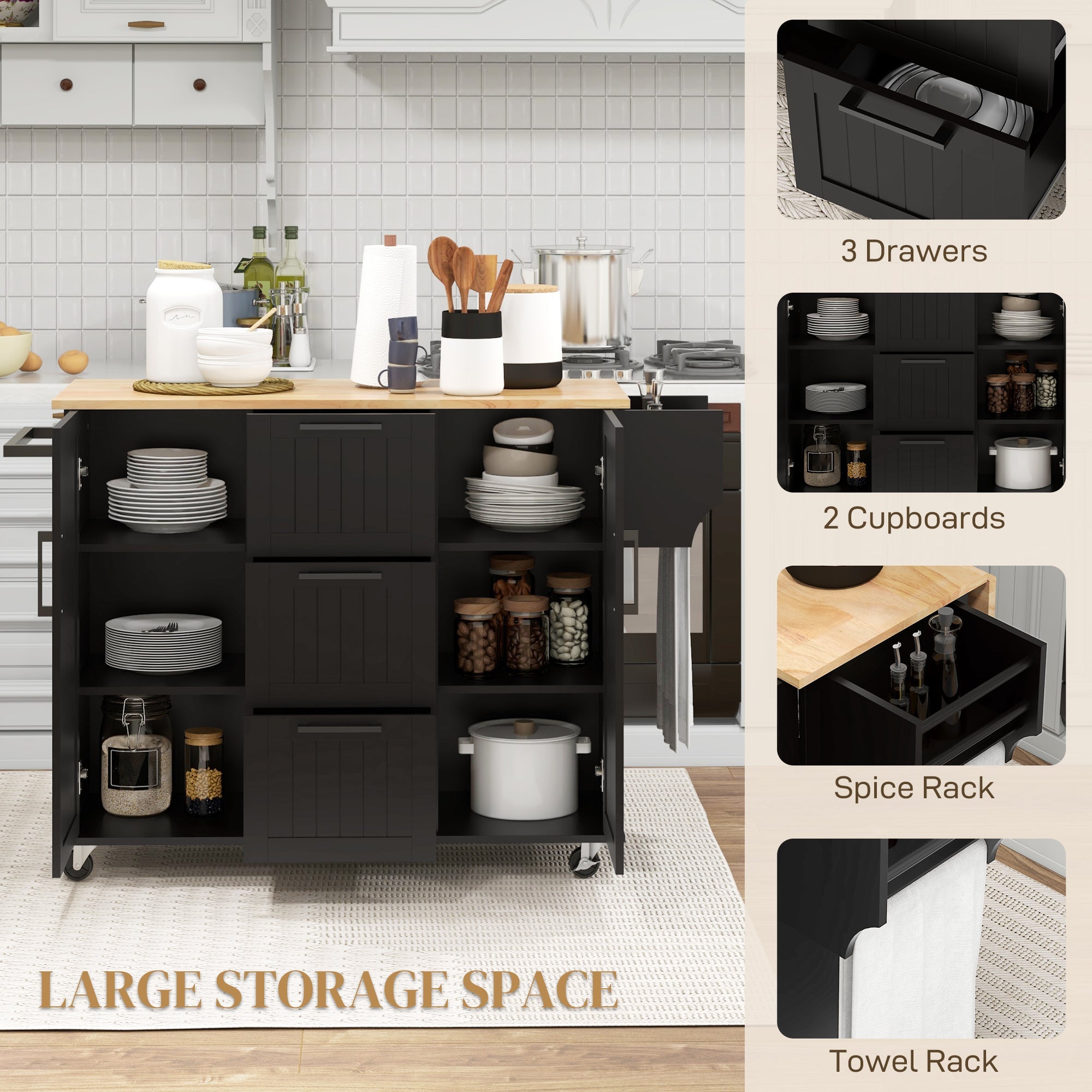 HOMCOM Rolling Kitchen Cart on Wheels with Drop Leaf, Kitchen Island with 3 Drawers, Solid Wood Top and Towel Rack, Black 