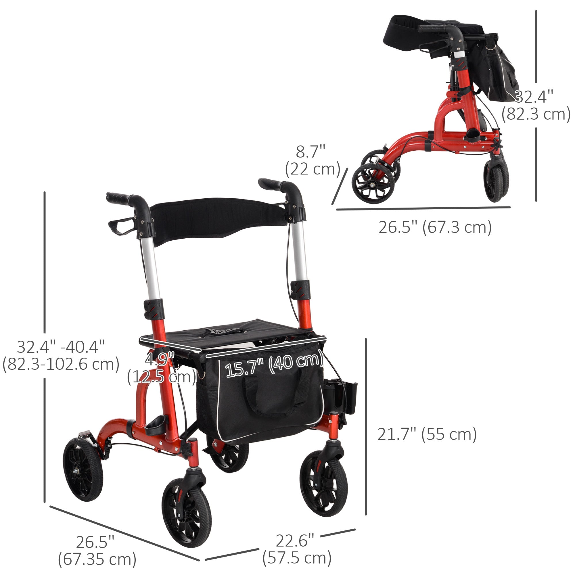 HOMCOM Rollator Walker for Seniors and Adults with 8'' Wheels, Padded Seat and Backrest,  Storage Bag Red 