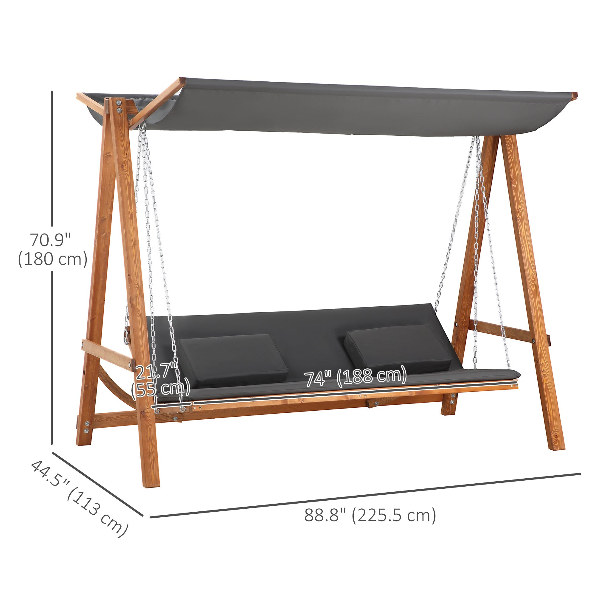 Outsunny 3 Seater Patio Swing Chair Convertible Cushioned Porch Swing Bed with Canopy, Wood Frame for Outdoor, Backyard, Garden 