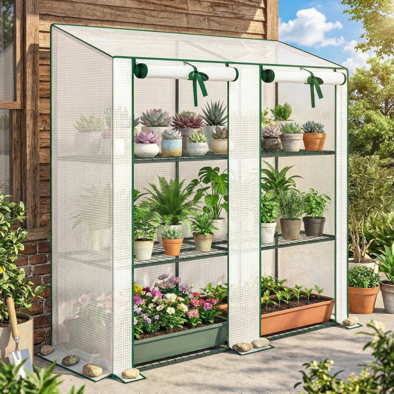 Portable Mini Greenhouse Green House with 3 Tier Shelves, Reinforced PE Cover, Roll-up Doors, 56.3"x18.1"x59.4", White