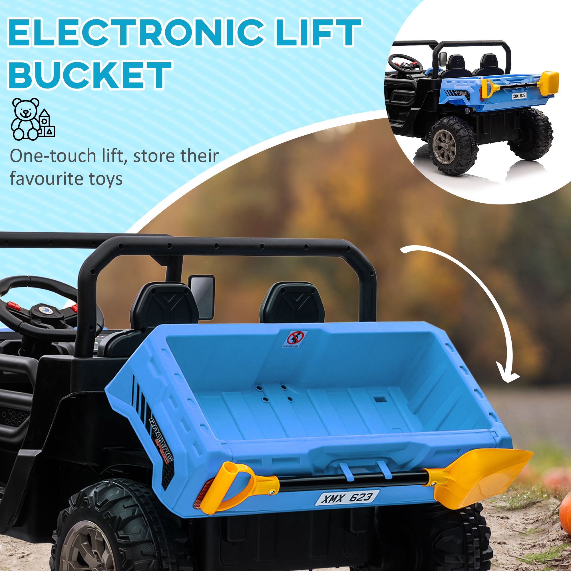 Aosom 12V Ride-On Car 2-Seater Electric Bucket Shovel Remote Control Spring Suspension Horn Music Blue 