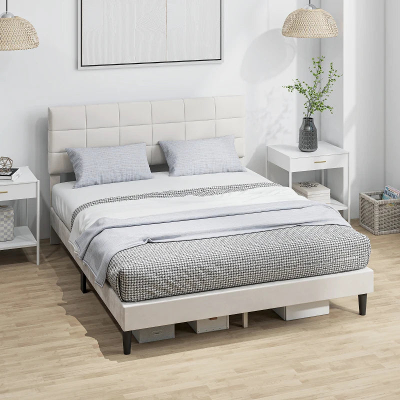 Queen Size Bed Frame with Upholstered Headboard, Modern Platform Bed Frame with Wood Slats, 1100 lbs Capacity, Cream