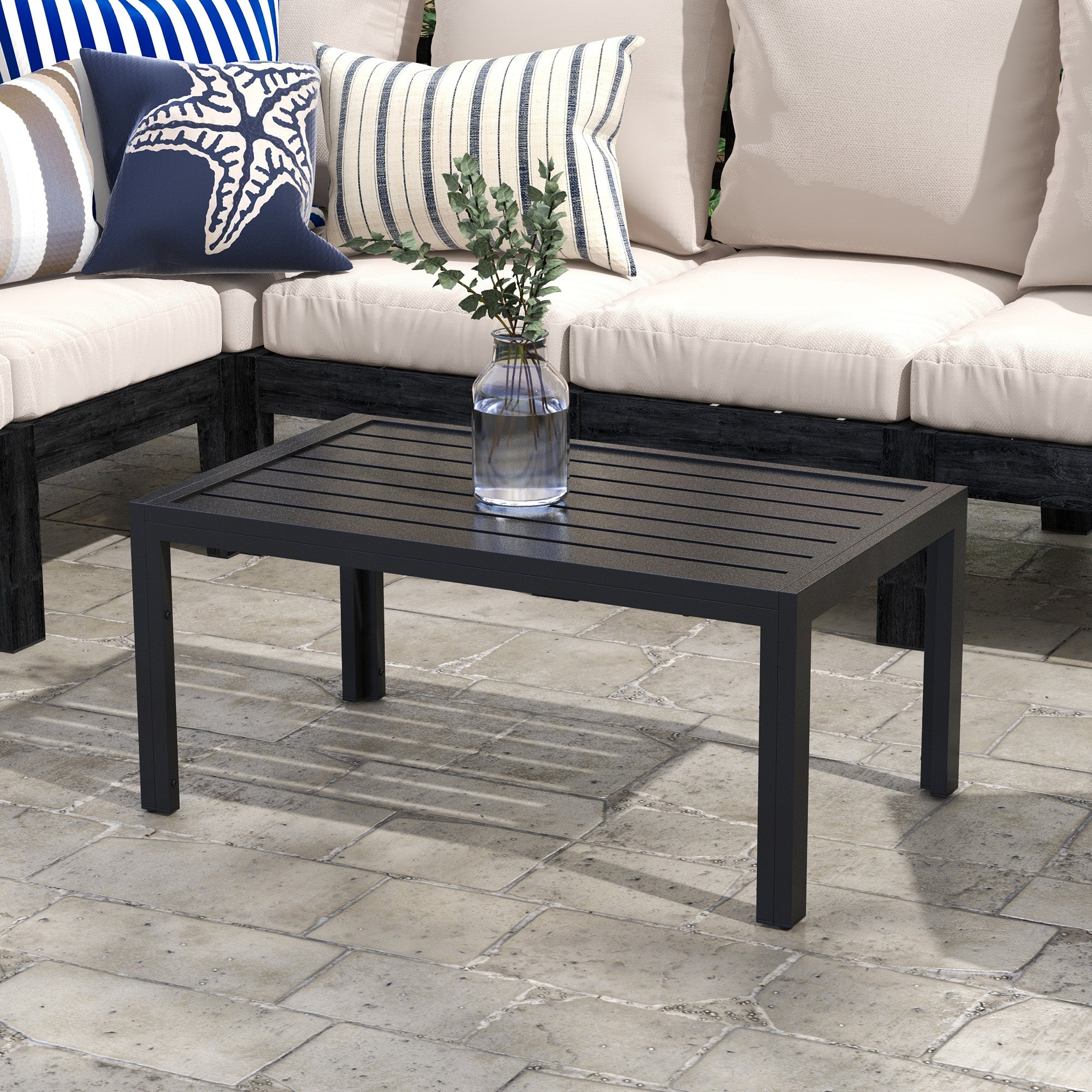 Outsunny Outdoor Coffee Table, Rectangular Patio Side Table with Steel Frame and Slat Tabletop for Garden, Balcony, Black 