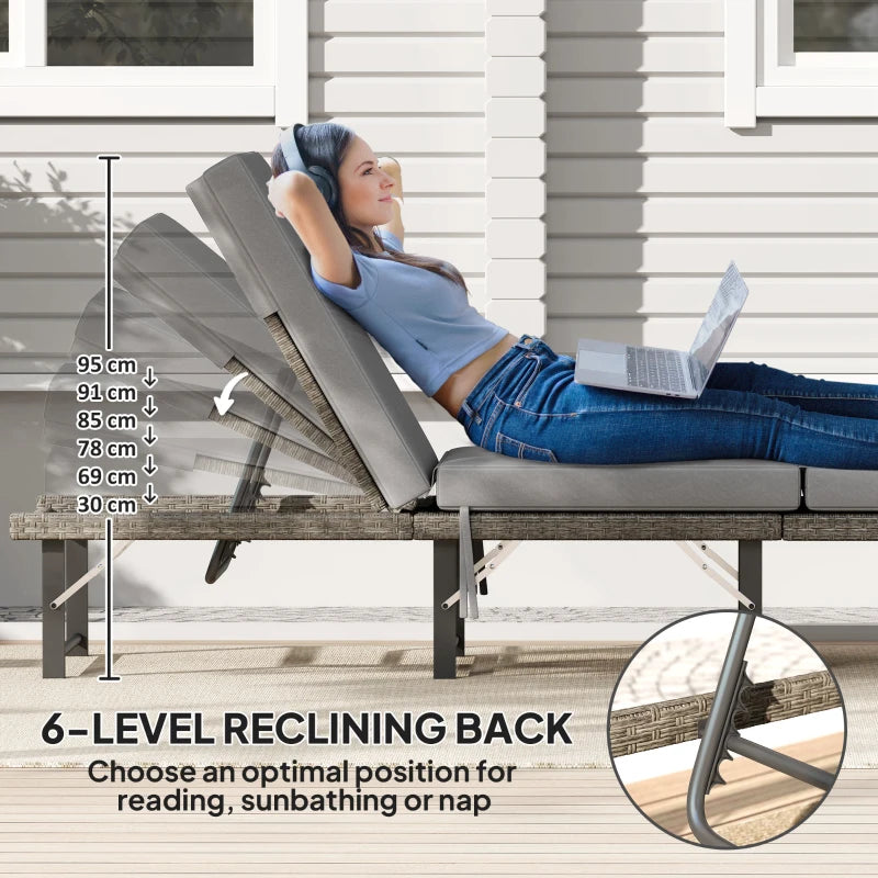 Folding Outdoor Lounge Chair, Wicker Chaise Lounge Tanning Chair with Cushion for Beach, Poolside, Garden, Grey
