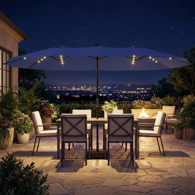 Double-sided Patio Umbrella with Base Included & 48 LED Lights 15ft Dark Blue