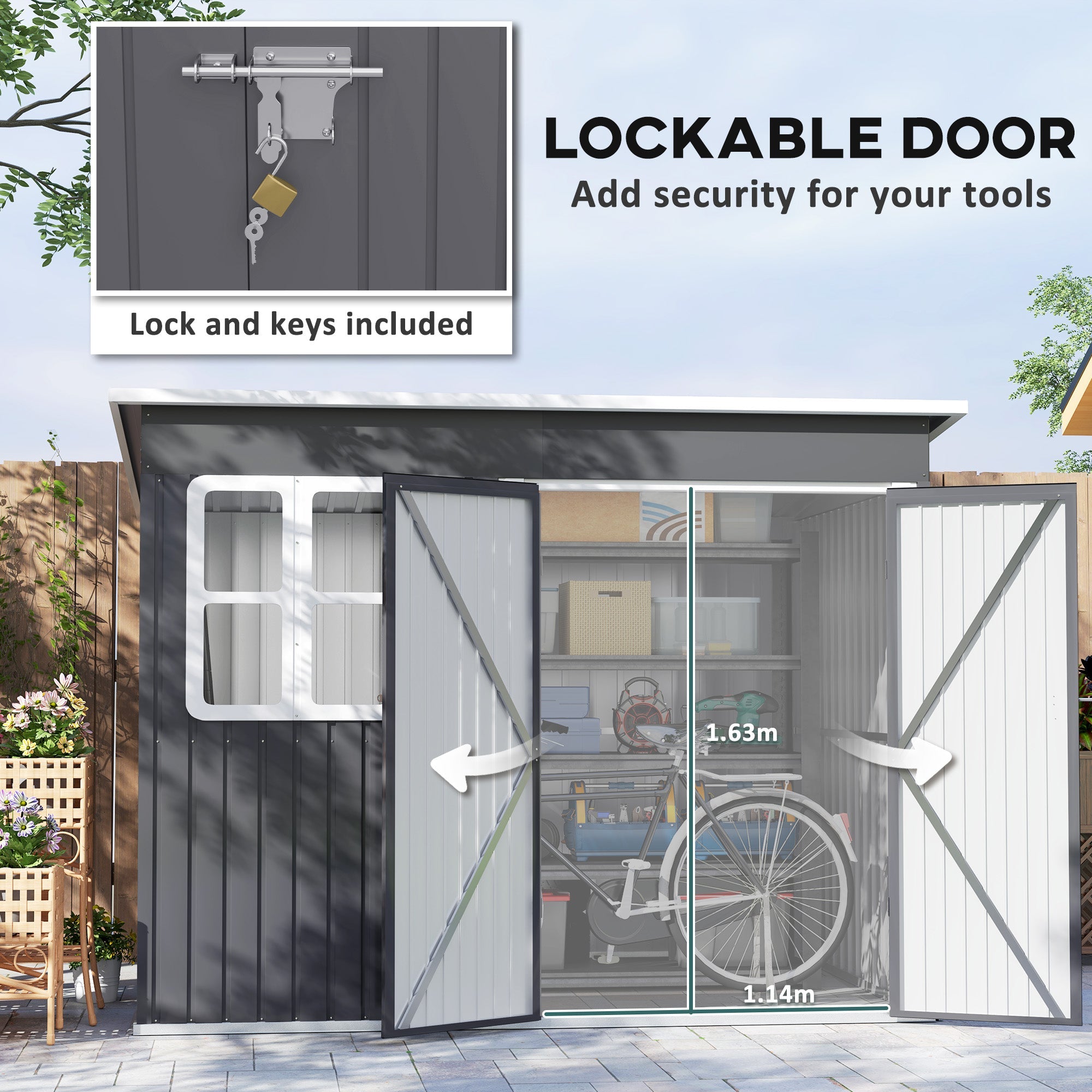 Outsunny 8.5' x 6' Galvanised Steel Outdoor Storage Shed, Garden Shed with Window, Lockable Wide Doors and Air Vents, Dark Grey 