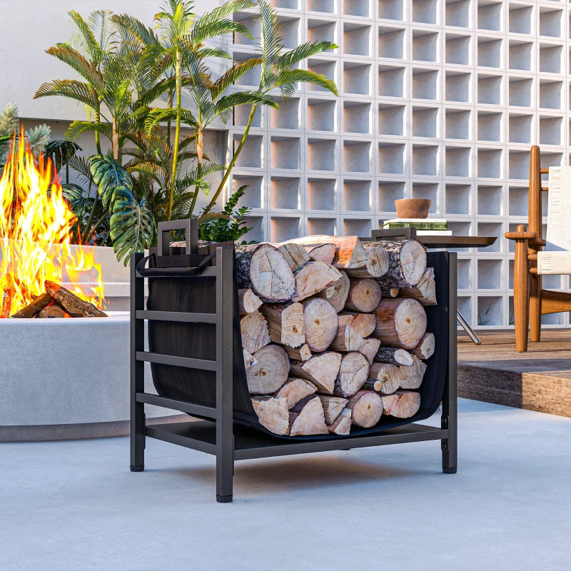 Outdoor Firewood Rack with Log Carrier, Heavy Duty Steel Wood Log Storage Stacker for Fireplace, Black