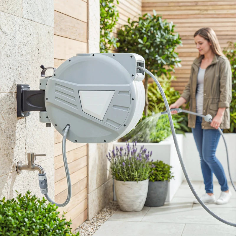 Retractable Garden Hose Reel, 1/2" x 66ft Wall Mounted Hose Reel with Auto Retraction, Self-Locking, Grey