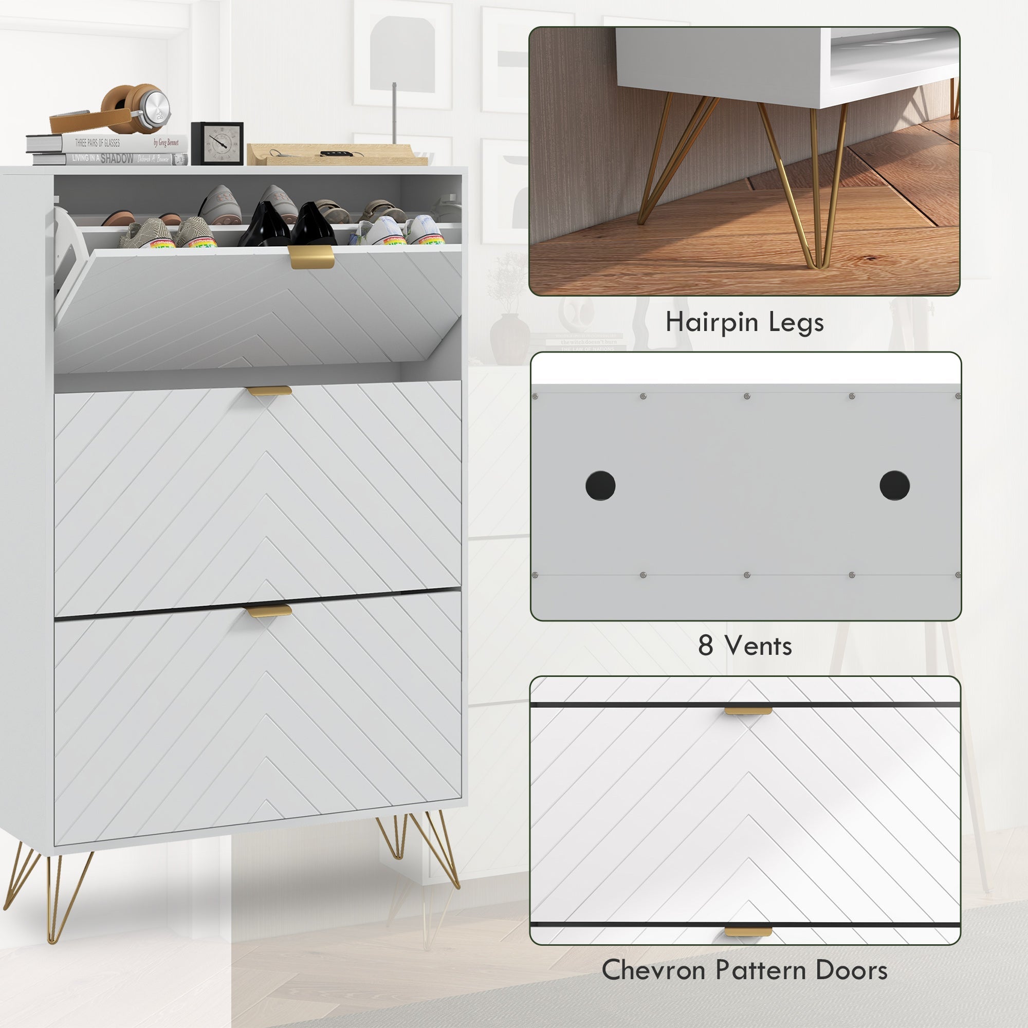 HOMCOM Shoe Sanctuary: Modern White Cabinet with 3 Flip Drawers, 8 Vents, Narrow Design for 18 Pairs, Entryway Organizer 