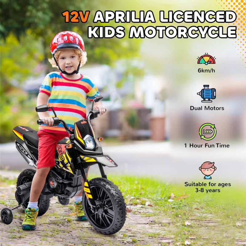 Qaba 12V Aprilia Licenced Kids Electric Motorcycle, Battery-Powered Dirt Bike with Training Wheels for Aged 3-8, Yellow