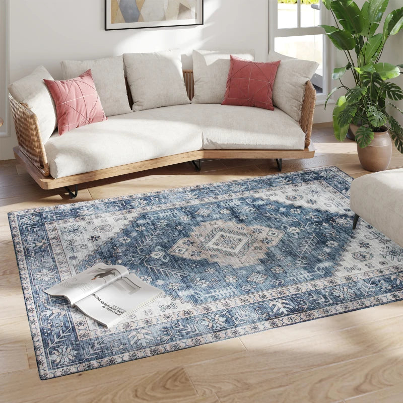 5x7 Area Rug, Vintage Machine Washable Rug, Non-Slip Floor Carpet for Living Room, Bedroom, Dining Room, Blue
