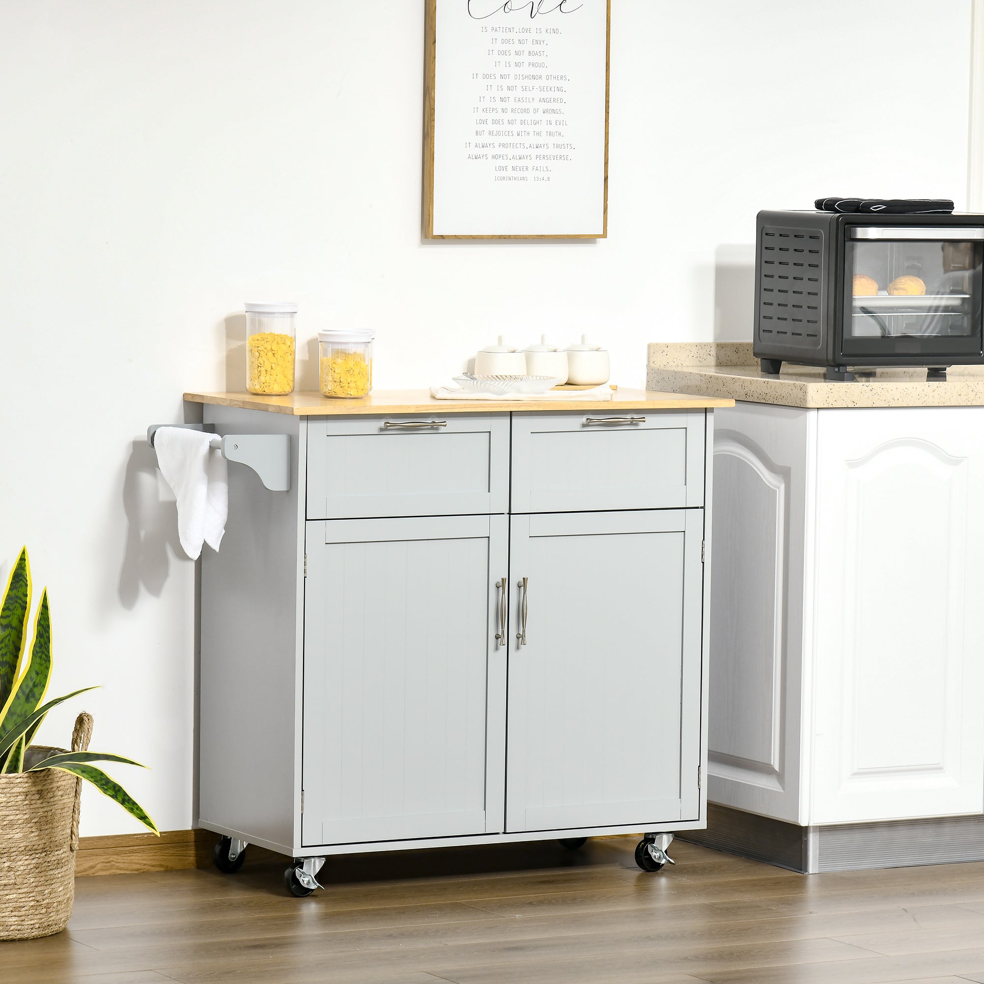 HOMCOM Grey Mobile Kitchen Island: Rubber Wood Top Cart with Storage Drawers, Cabinet & Towel Rack 