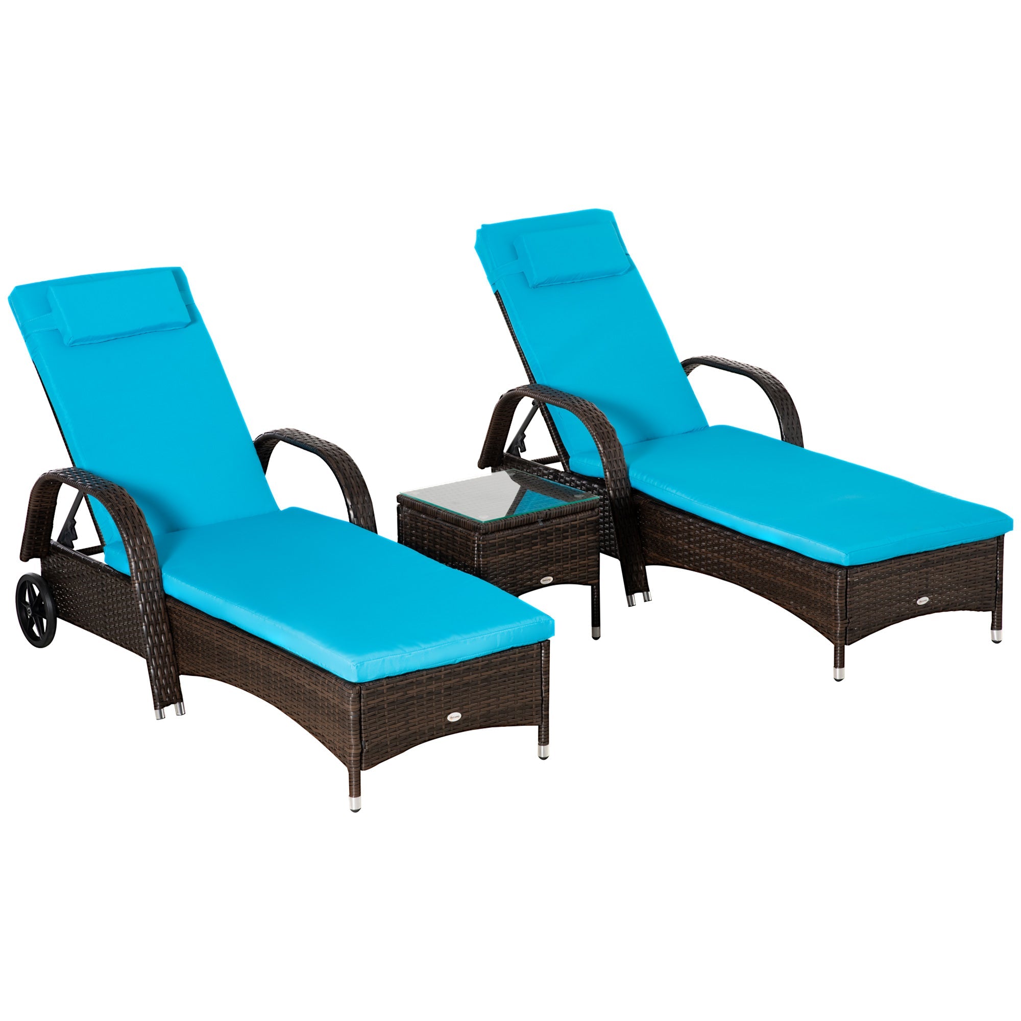Outsunny 3 Pieces Patio Rattan Lounge Set Wheeled Wicker Chaise Lounge Chair Set Outdoor Reclining Lounger Adjustable Brown Blue 