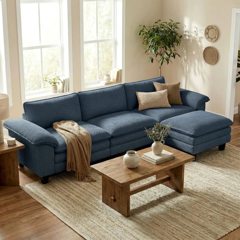 HOMCOM L-Shaped Sectional Sofa with Deep Seats, Movable Ottoman & Pillow-Top Armrests, Contemporary Corduroy Couch – Blue
