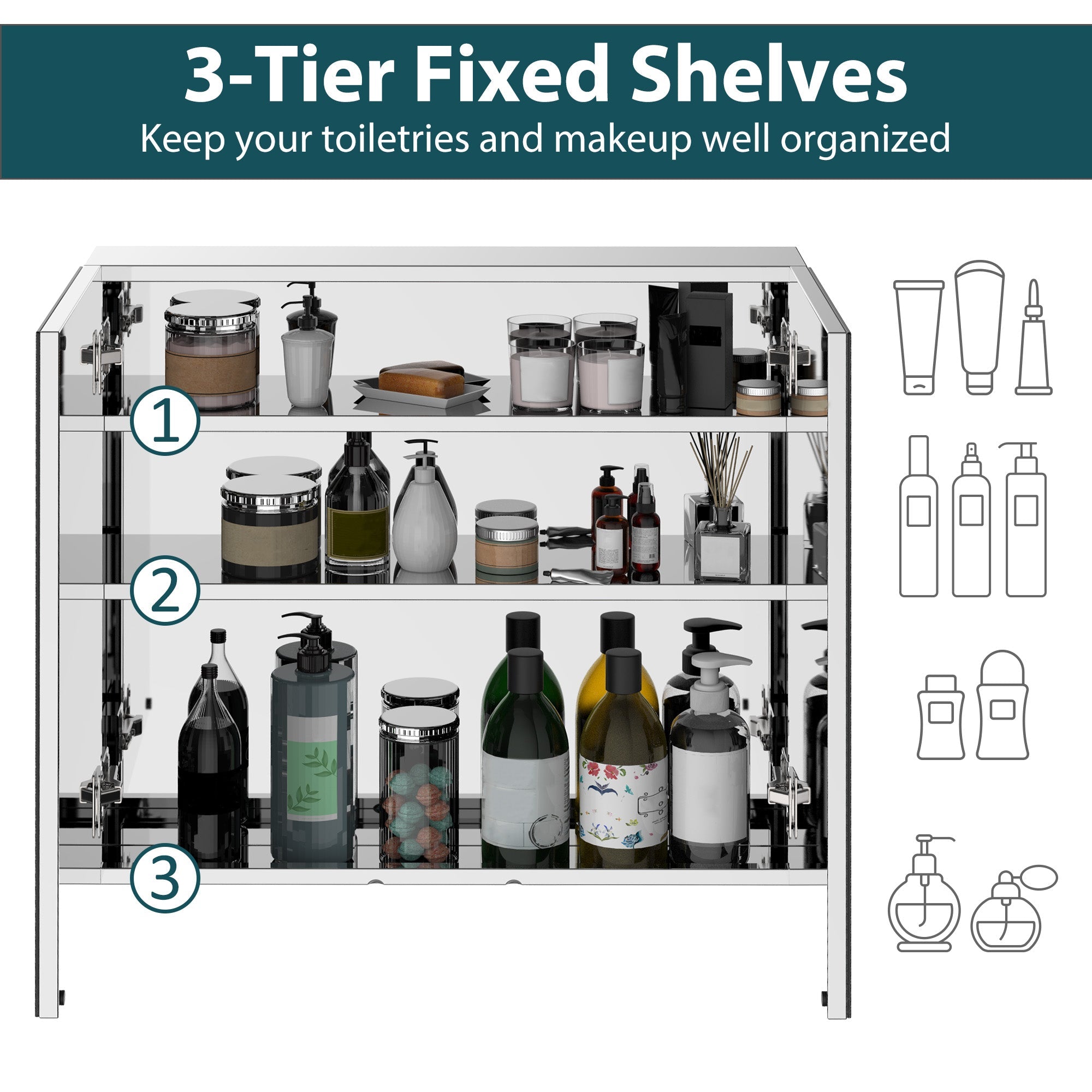 HOMCOM Wall Mounted Mirror Bathroom Medicine Cabinet 2 Doors 3-Tier Shelving Silver 