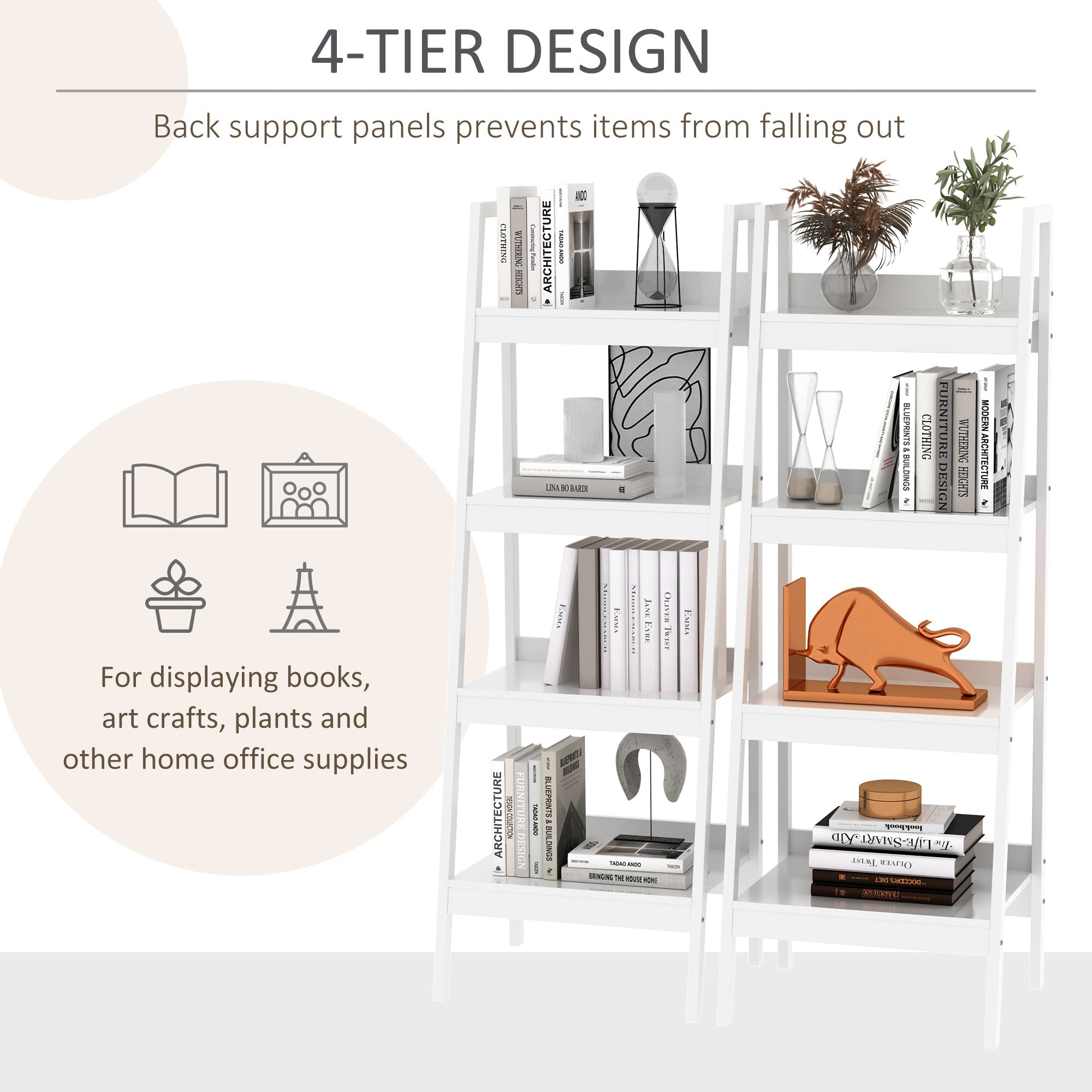HOMCOM 4 Tier Ladder Shelf Bookcase Set of 2 White Display Rack Storage Shelving Unit Flower Plant Stand Multi-Use 