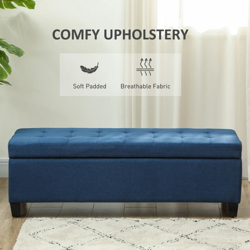 Rectangular Entry Bench, Tufted Upholstered Linen Fabric Wood Feet Storage Ottoman Bench, Blue