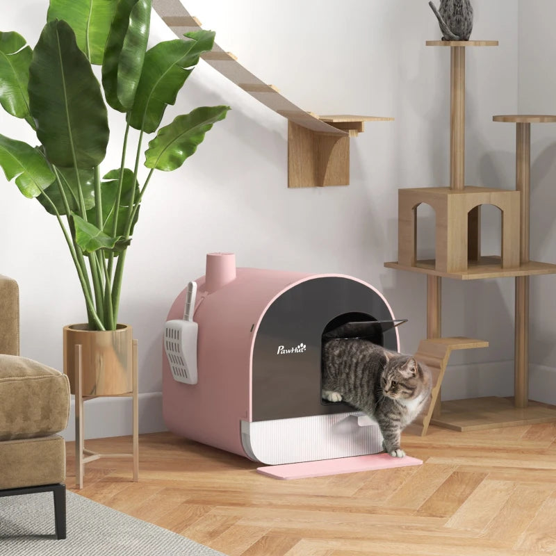 Cat Litter Box with Lid, Removable Tray, Scoop, Filter, Pink