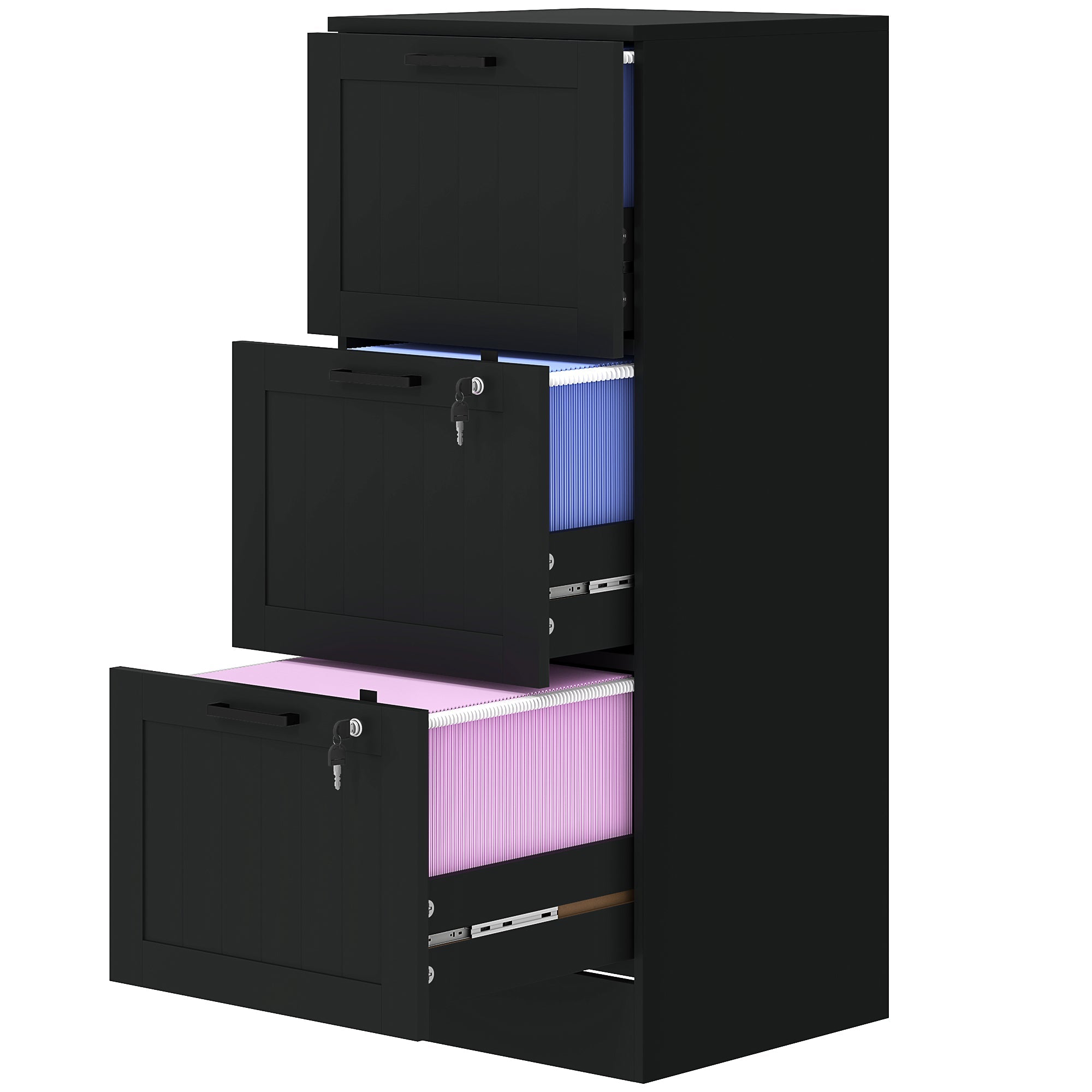 HOMCOM 3 Drawer Filing Cabinet with Lock, Office Storage Cabinet with Adjustable Hanging Bars for A4 Letter Size Files, Black 