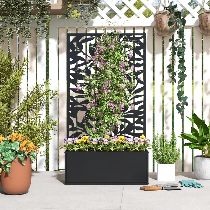 Raised Garden Bed with Trellis, Outdoor Privacy Screen with Planter Box, 24" x 9.1" x 44.5", Black