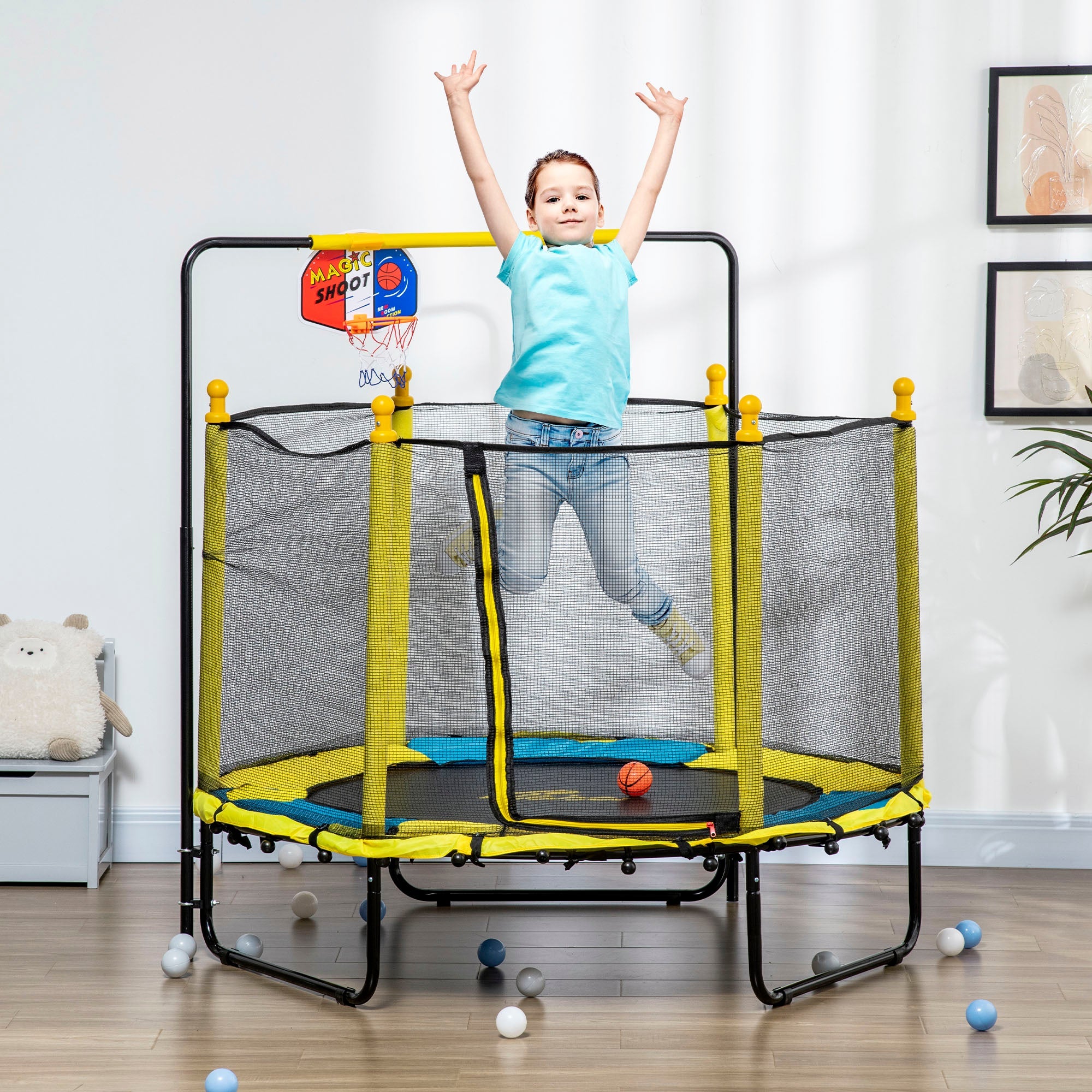 Qaba 4.6ft Kids Trampoline with Basketball Hoop, Horizontal Bar with Net for Children Ages 3-10, Yellow 