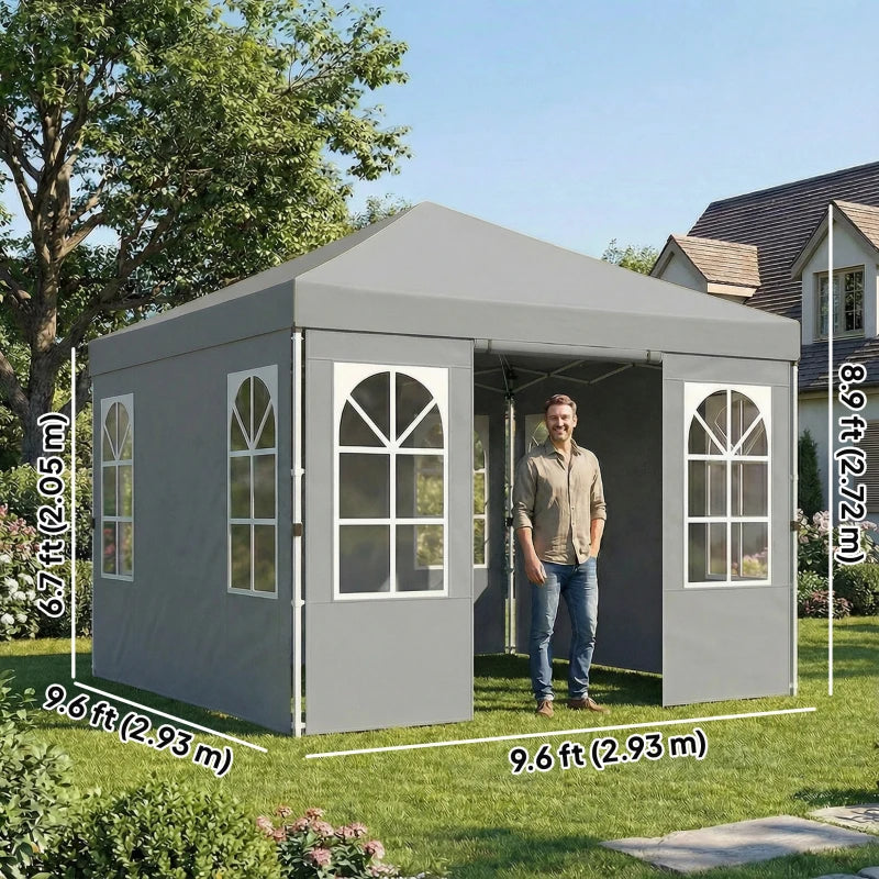 9.6 x 9.6 ft Pop Up Canopy Tent with 4 Sidewalls, UPF 50+ 1-Button Push Easy Setup Outdoor Instant Canopy, Light Grey