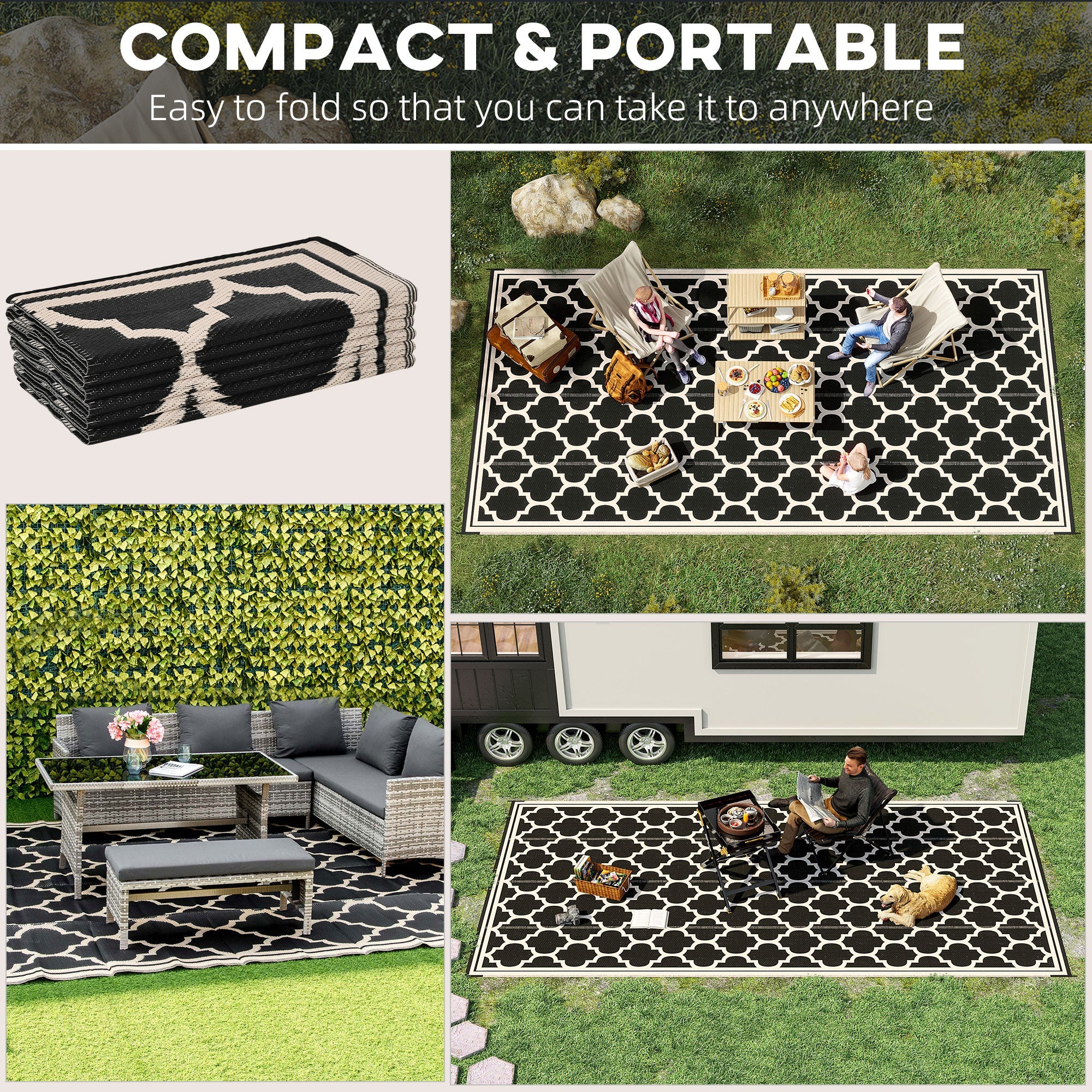 Outsunny Reversible Outdoor RV Rug 9'x18' Patio Floor Mat Durable Plastic Straw Rug for Backyard Deck Beach Camping Black Beige 