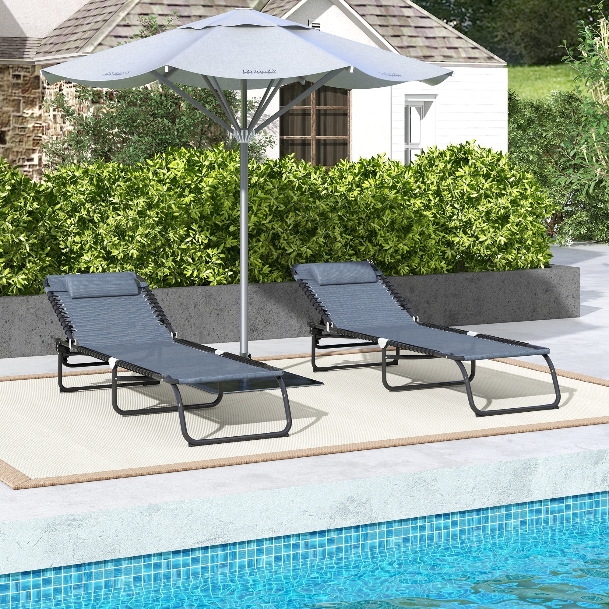 Outsunny 2 PCs Folding Lounge Chairs, Adjustable Chaise Lounges with Headrest, Reclining Lounger Cot for Camping, Hiking, Grey 