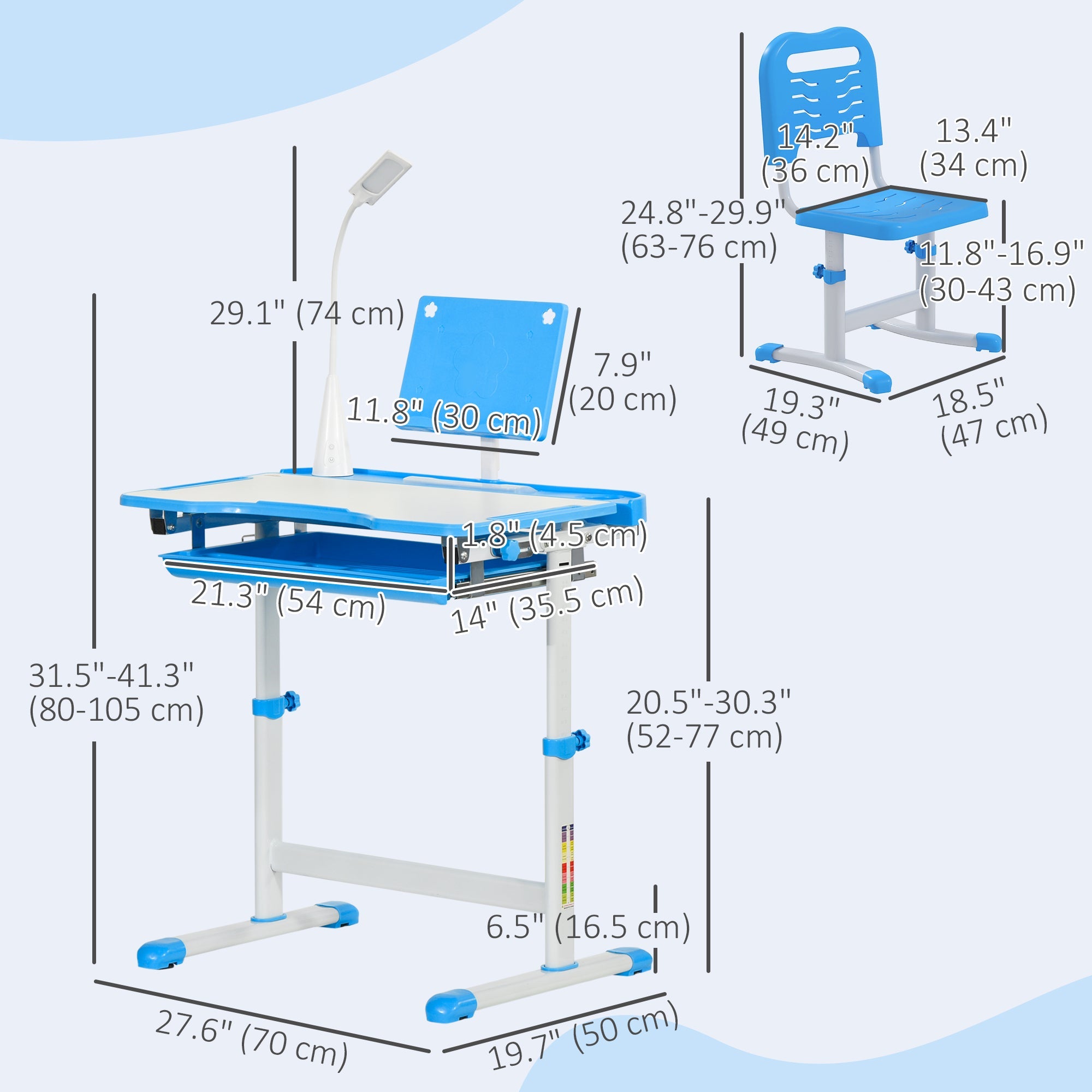 Qaba Kids Desk and Chair Set Height Adjustable Student Writing Desk Children School Study Table with Tilt Desktop, Blue 