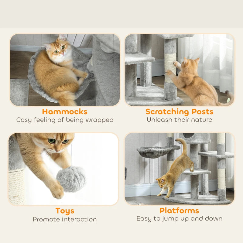 62" Cat Tree with Scratching Post, 2 Condos, Hammock, Perches, Plush, Pompoms, for Indoor Cats, Light Grey