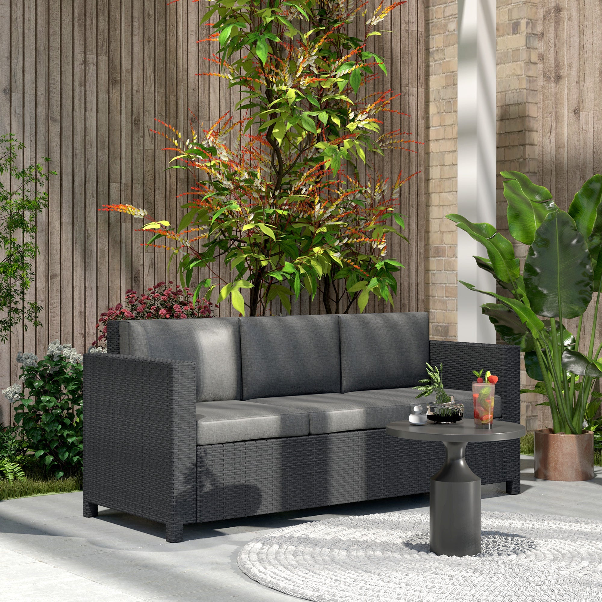 Outsunny Deluxe 3 Seat Rattan Wicker Sofa Garden Outdoor Patio Furniture with Cushion, Grey 
