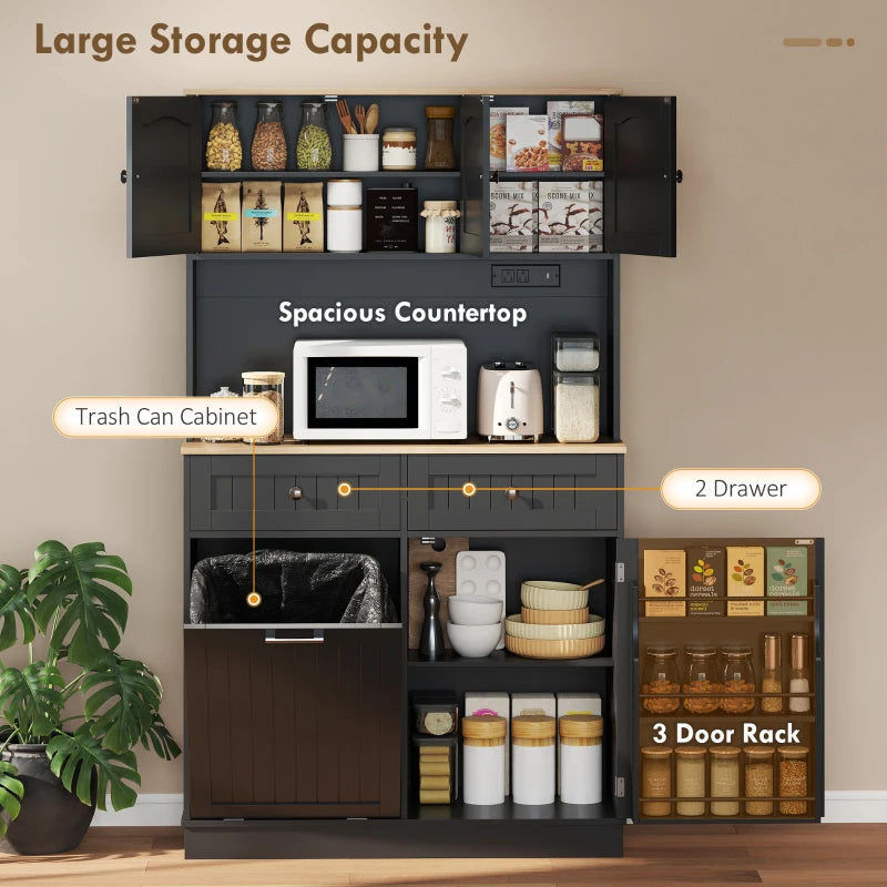 68" Pantry Cabinet with Charging Station, Storage Cabinet with Microwave Stand, 10 Gallon Trash Can Cabinet, Black
