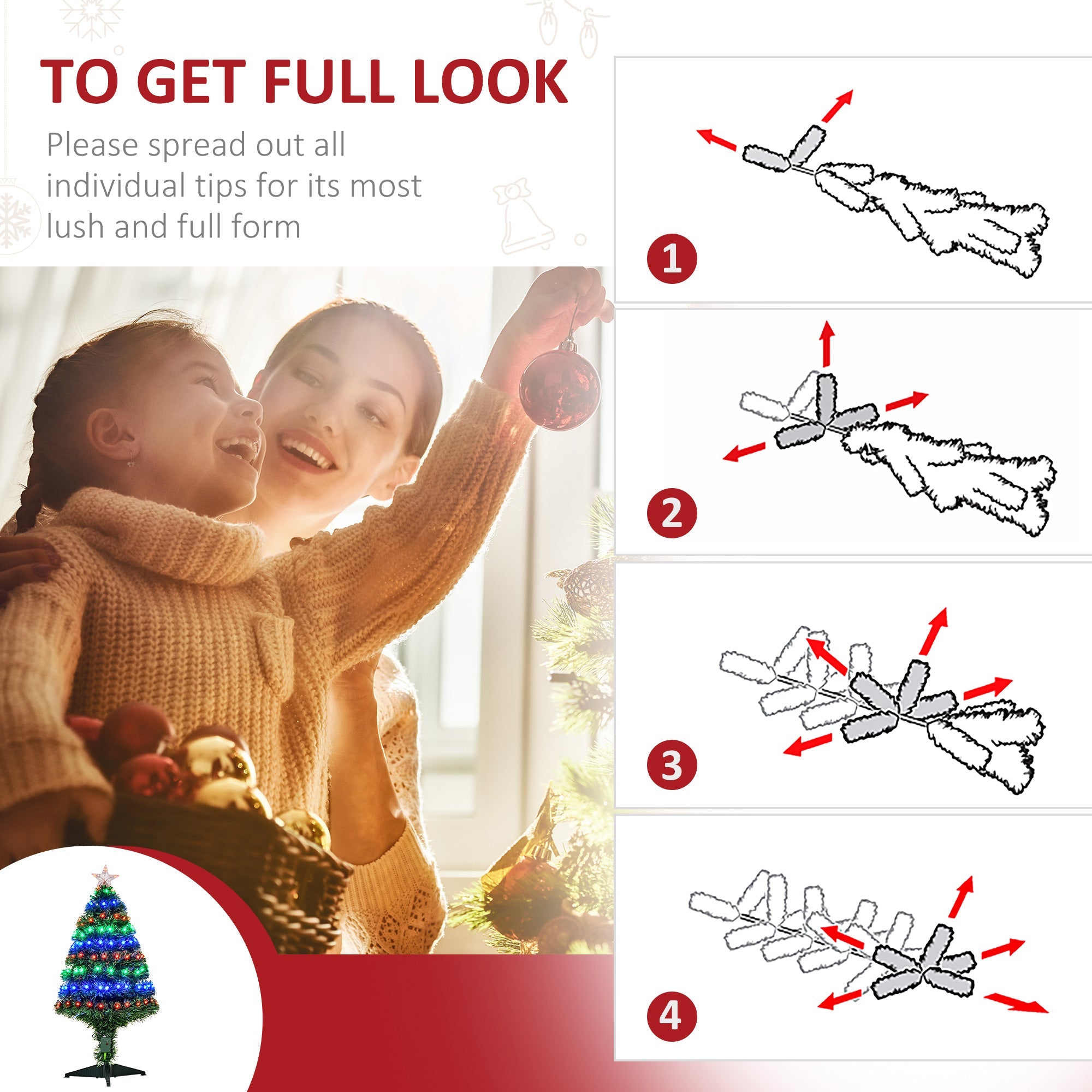 HOMCOM 3FT Pre-lit Fiber Optic Christmas Tree - 90 LED Lights, Green, Artificial Holiday Décor for Xmas 