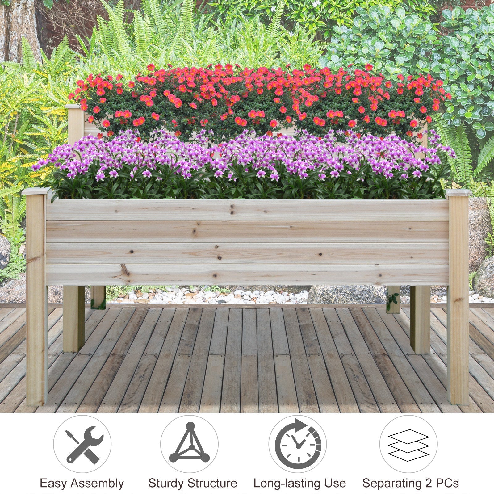 Outsunny 2-Piece Solid Fir Wood Plant Raised Bed, Flower Vegetable Herb Grow Box Stand, Garden Step Planter Stand, Free Combination 