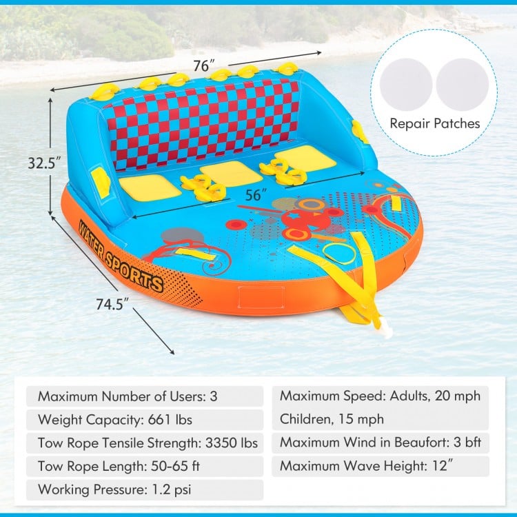 Boating 3 Riders Towable Tube Water Sport Towables Sofa Pull Tube with Nylon Cover