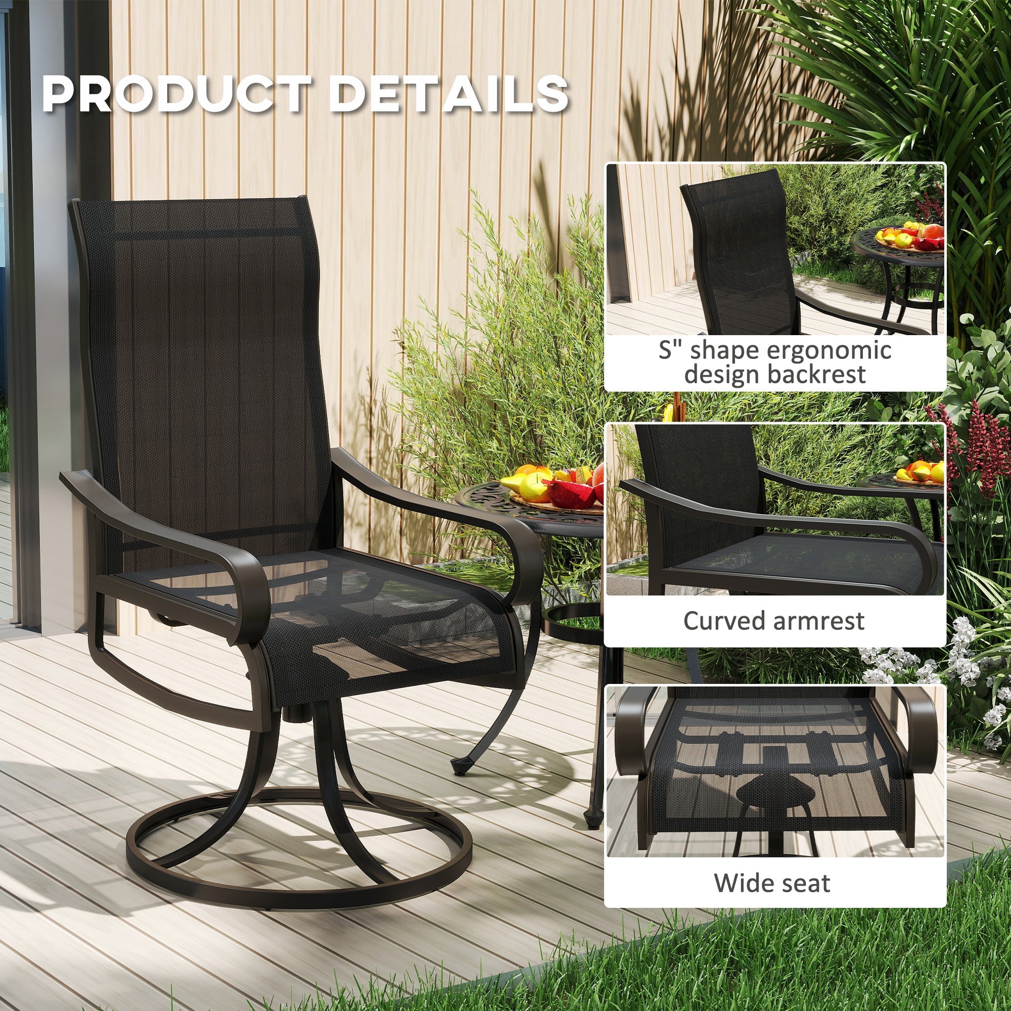 Outsunny 2-Piece Patio Swivel Chairs, 360° Swivel Rocking Chairs with Curved Armrests, S Shape Backrest, Breathable Mesh Seat & Backrest for Yard, Lawn, Porch, Garden, Black 
