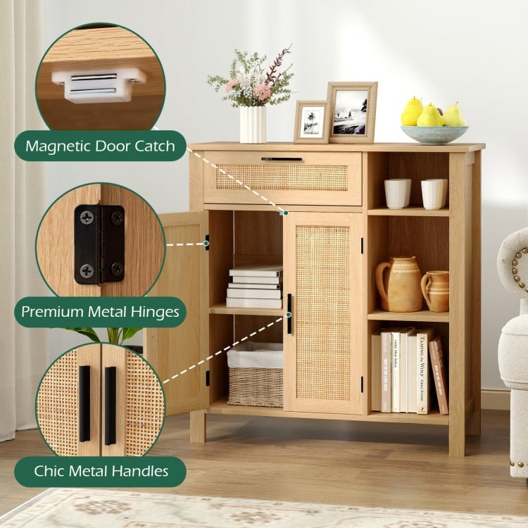 Boho Buffet Sideboard Storage Cabinet with Drawer and Rattan Woven Doors-Natural