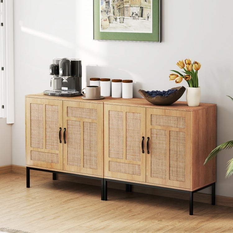 Boho Storage Cabinet with Asymmetrical Pattern Doors for Kitchen-Natural