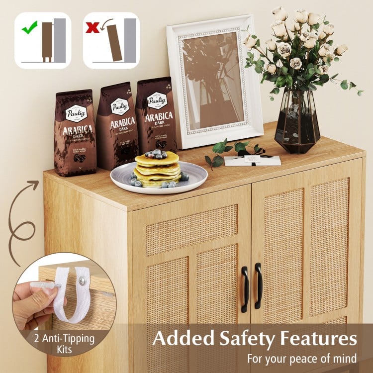 Boho Storage Cabinet with Asymmetrical Pattern Doors for Kitchen-Natural
