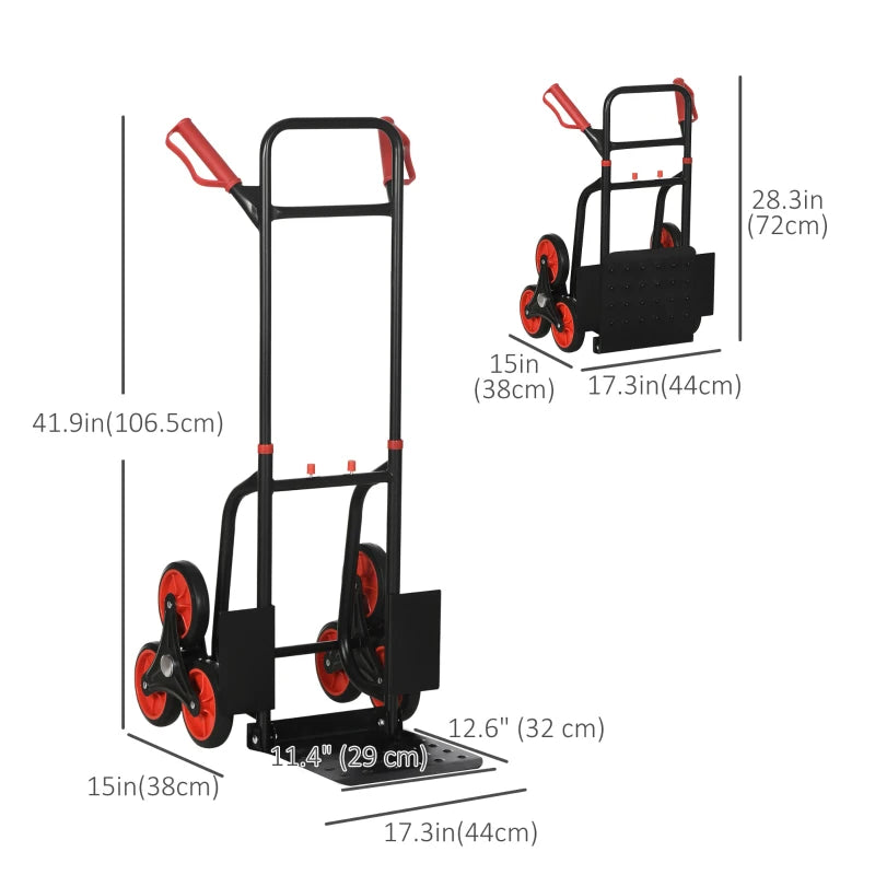 6-Wheels Stair Climber Trolley Cart, Hand Truck and Dolly, Foldable Steel Load Cart, 264lbs Capacity, Black and Red