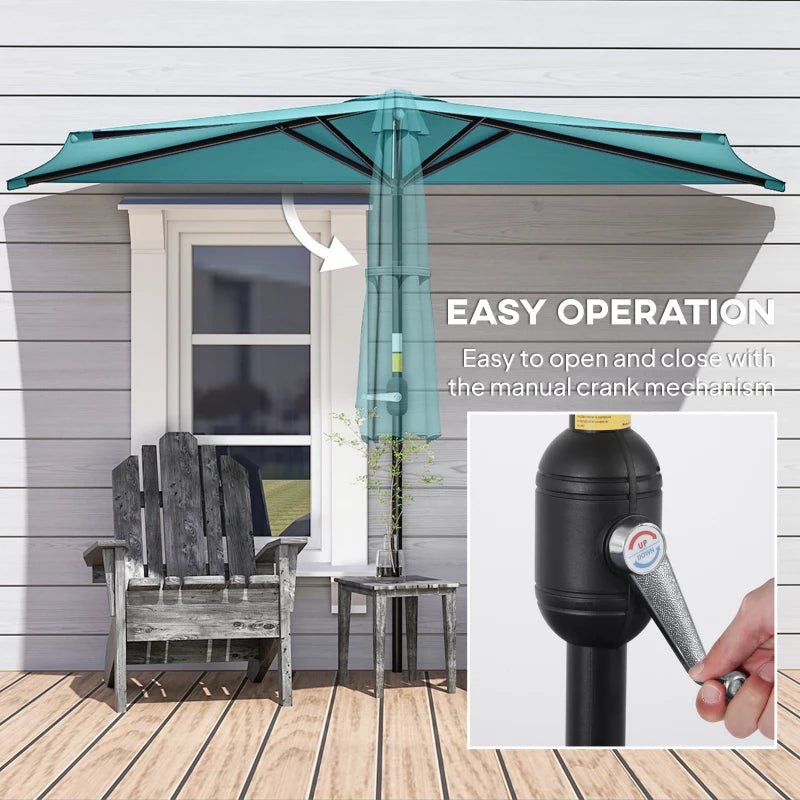9.8ft Half Umbrella Semi Round Patio Parasol with Crank Handle, Top Vent for Garden, Balcony- NO BASE INCLUDED, Light Blue
