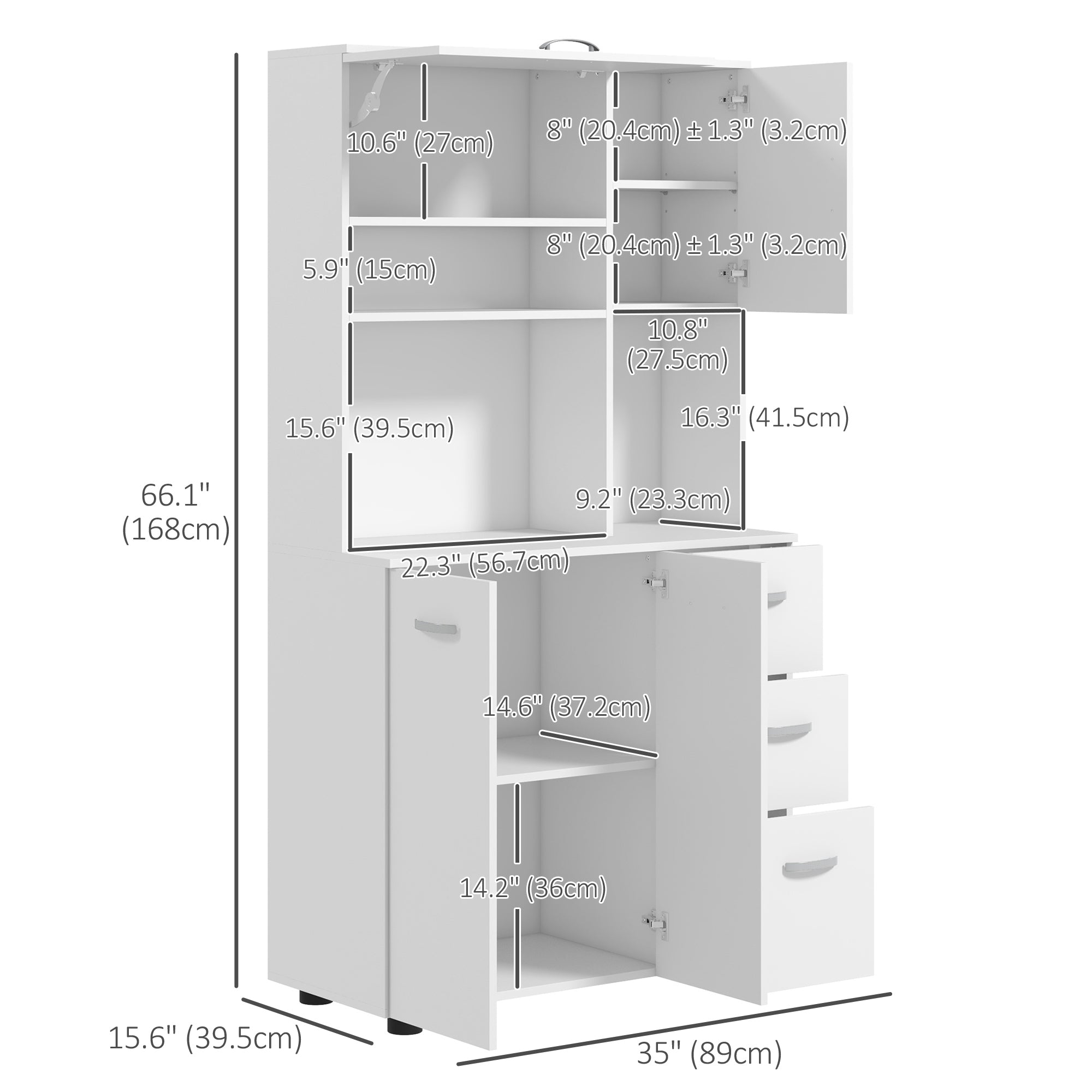 HOMCOM Freestanding Kitchen Microwave Cabinet Tall Cabinet with Doors Drawers Shelves, White 