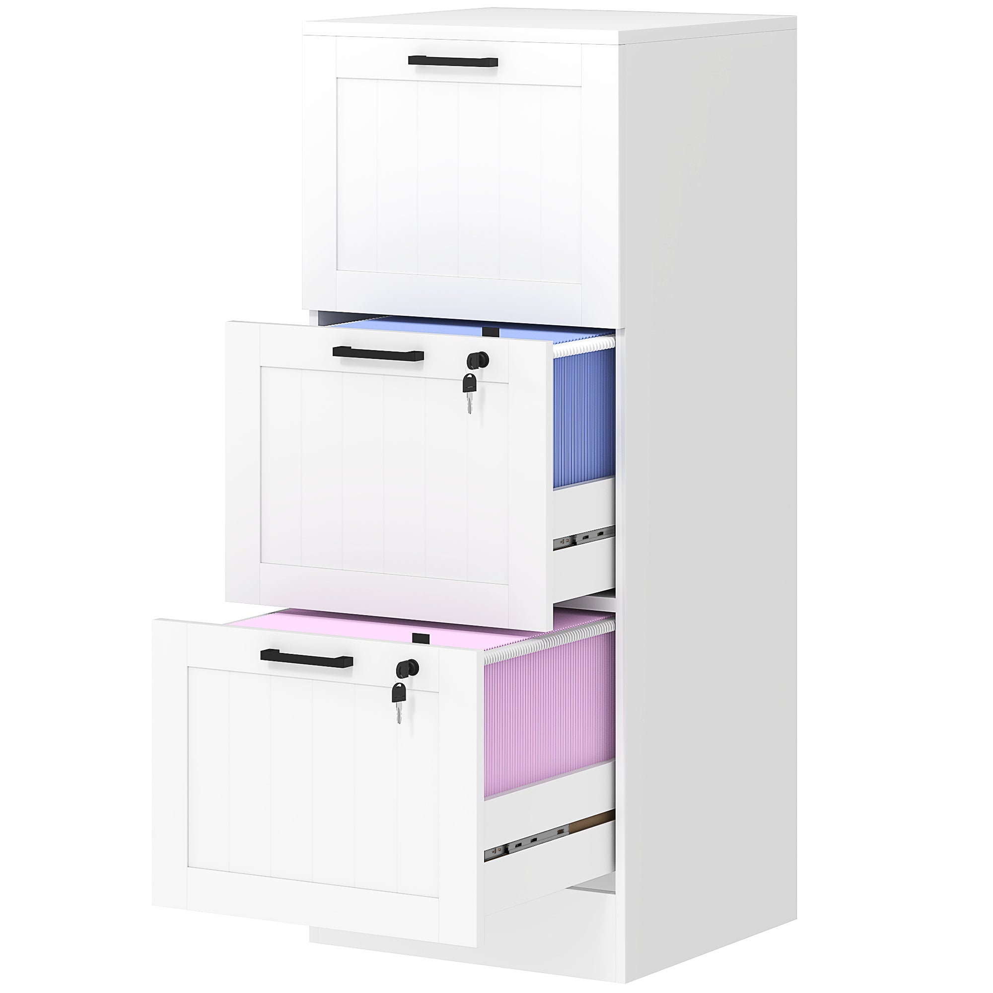 HOMCOM 3 Drawer Filing Cabinet with Lock, Office Storage Cabinet with Adjustable Hanging Bars for A4 Letter Size Files, White 