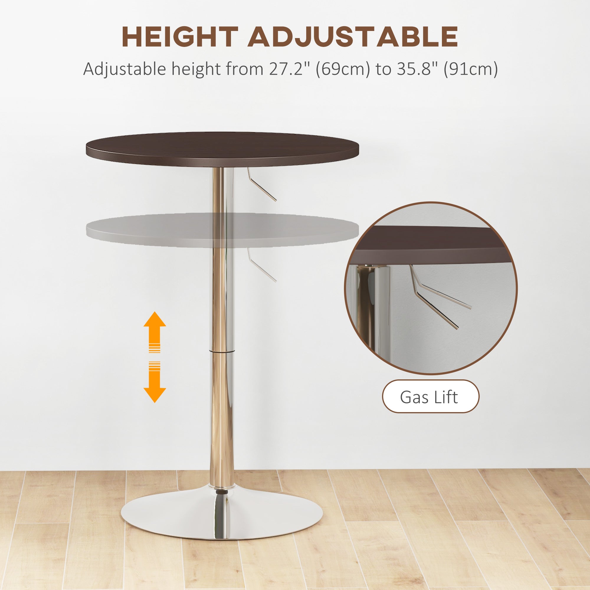 HOMCOM High Top Bar Table, Adjustable Round Kitchen Table with Swivel Top and Steel Base, Bistro Table for 2 People, Walnut 