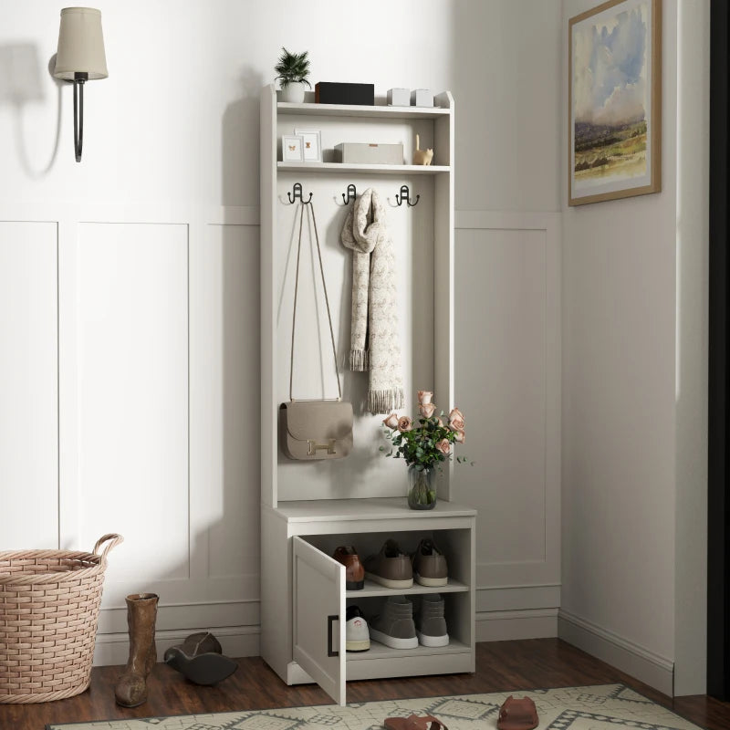 Modern Hall Tree with Shoe Storage Bench, Coat Rack and Shelves, White