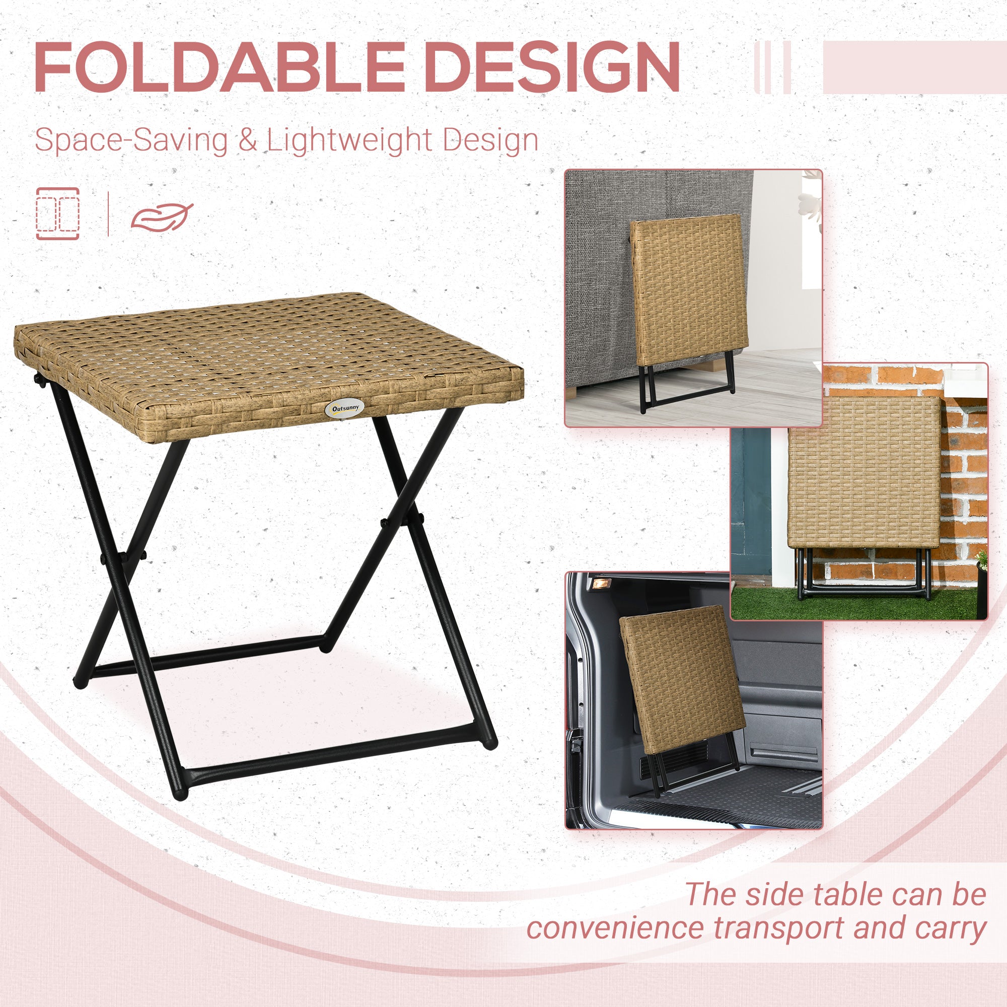 Outsunny Folding Patio Coffee Table PE Rattan Wicker Portable Outdoor Garden Side Table Nature Wood 15.75"x15.75"x15.75" 