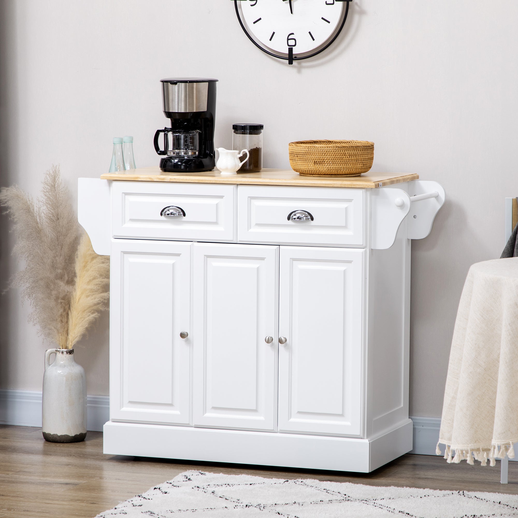 HOMCOM Classic Rolling Kitchen Cart: White Island with Rubber Wood Top, Towel Rack, Drawer & Cabinet Storage 